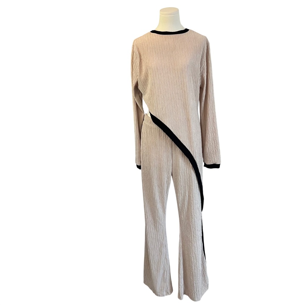 Vintage Tan Plisse Asymmetrical Tunic and Wide Leg Pant Set Modernist Medium
